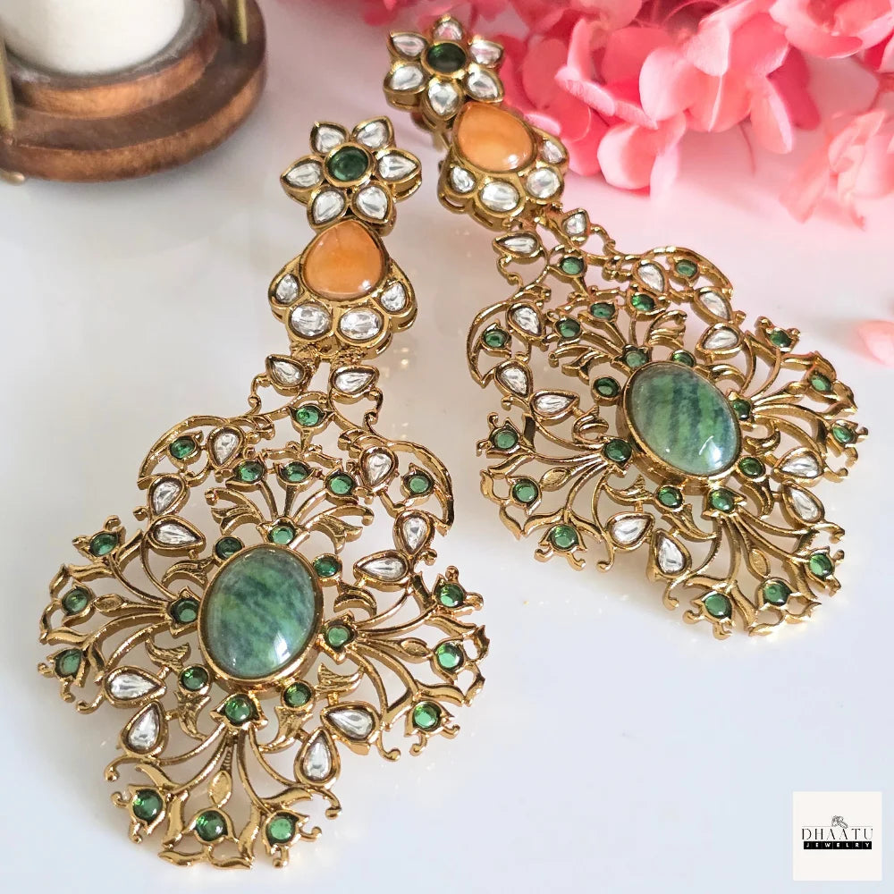 Exquisite Jadau Kundan Style Statement Earrings - Polki & Stone Work Dangler Jhumka for Weddings & Festive Wear