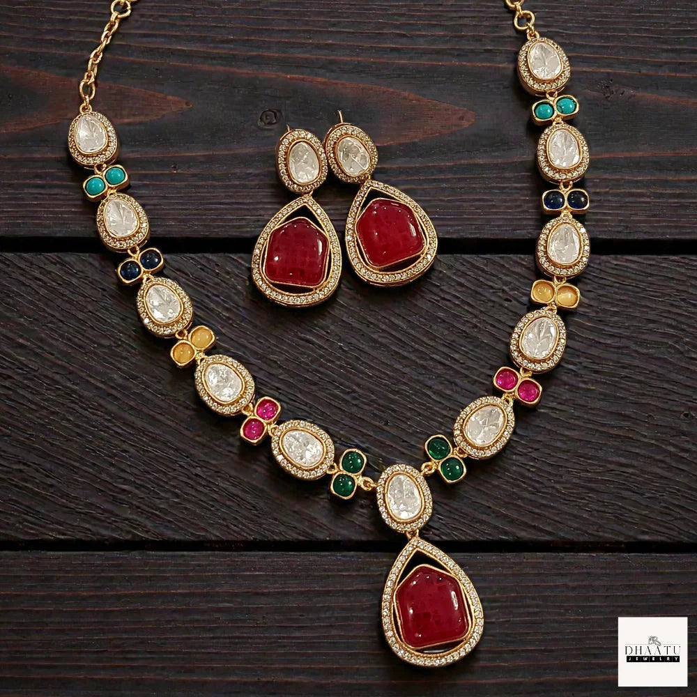 Polki Style CZ Necklace Set with Multi-Color Accents