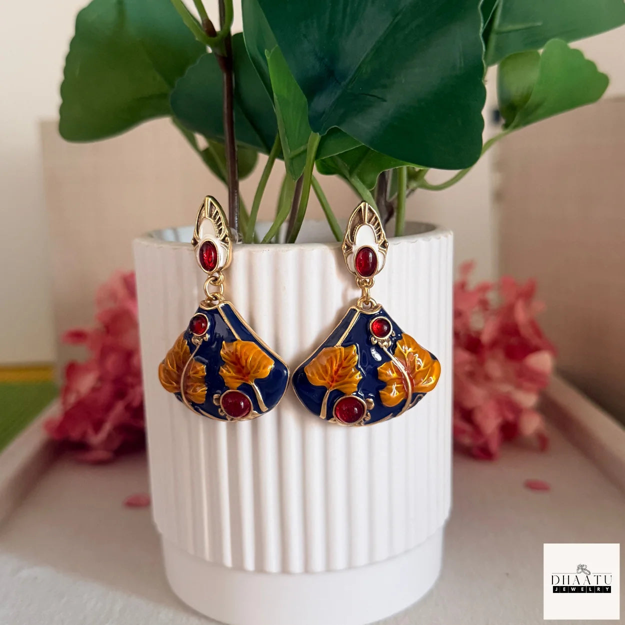 Art Nouveau Lotus Leaf Drop Earrings with Tiger's Eye Stones
