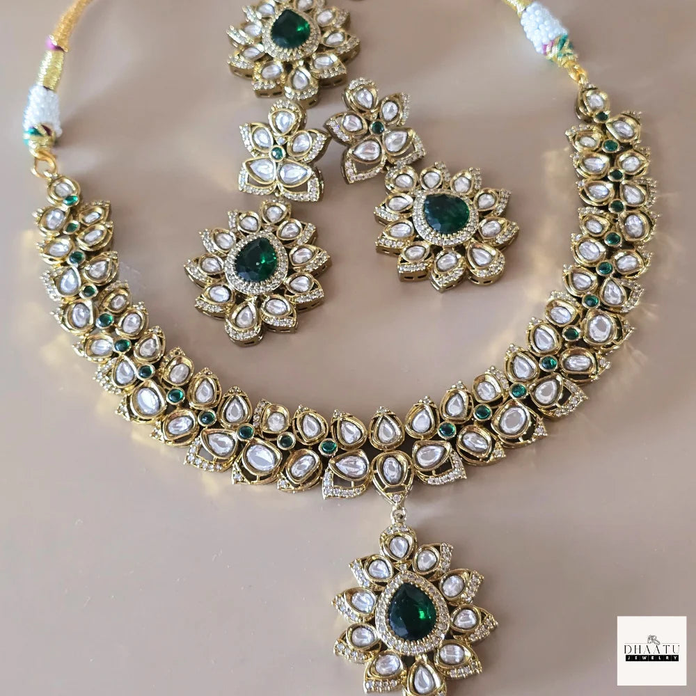 Regal Green Stone & White Polki Style Jewelry Set with Necklace, Earrings & Maang Tikka