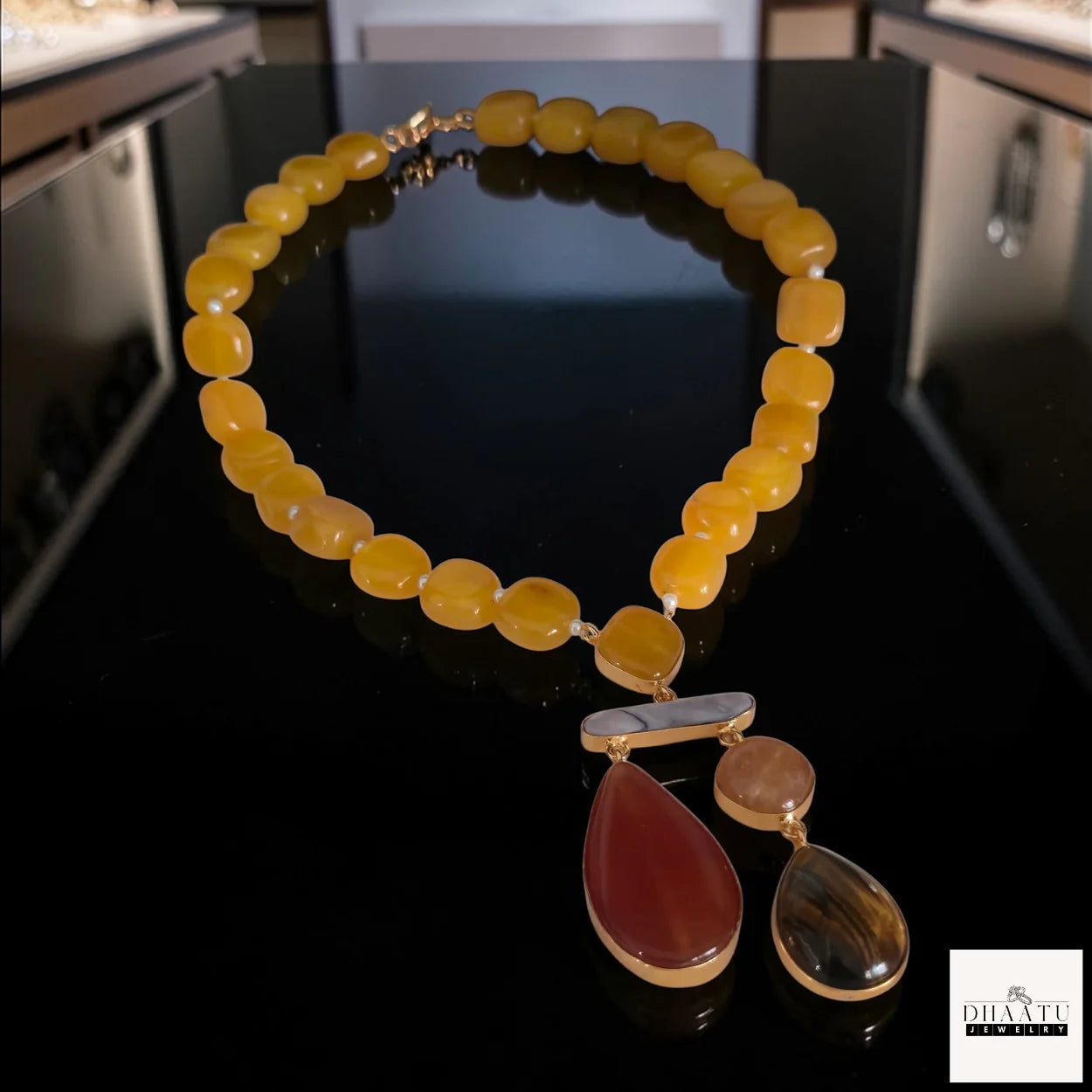 Natural Stone Beaded Statement Necklace with Unique Pendant