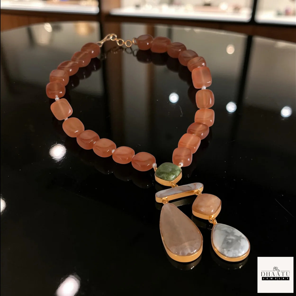 Natural Stone Beaded Statement Necklace with Unique Pendant