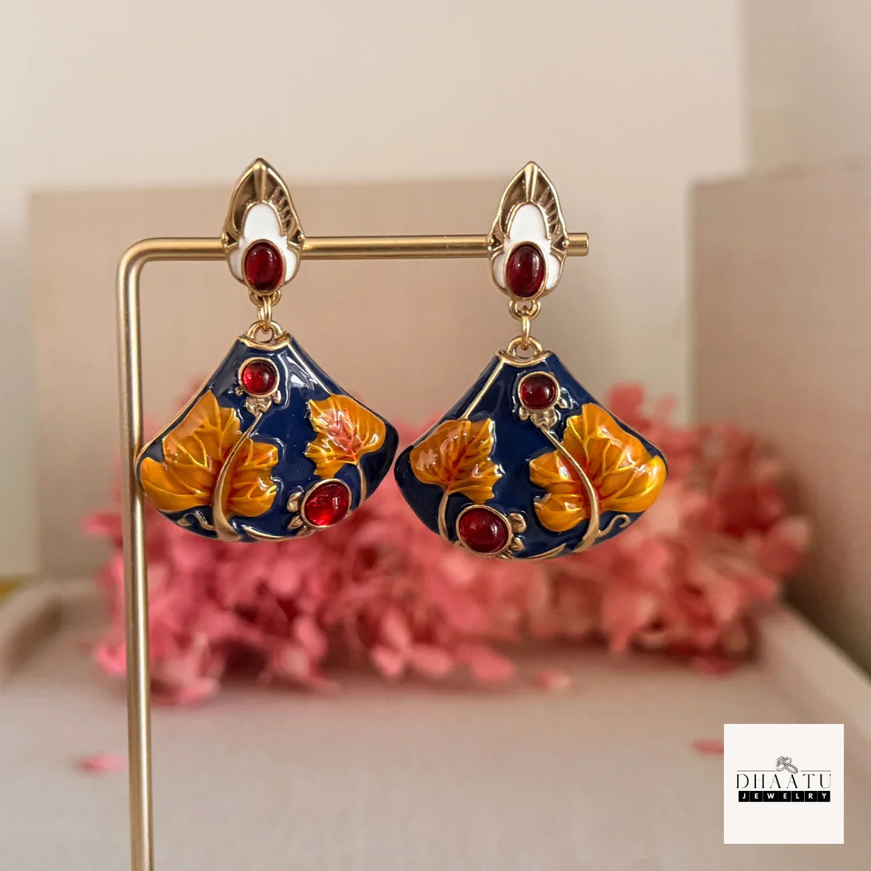 Art Nouveau Lotus Leaf Drop Earrings with Tiger's Eye Stones