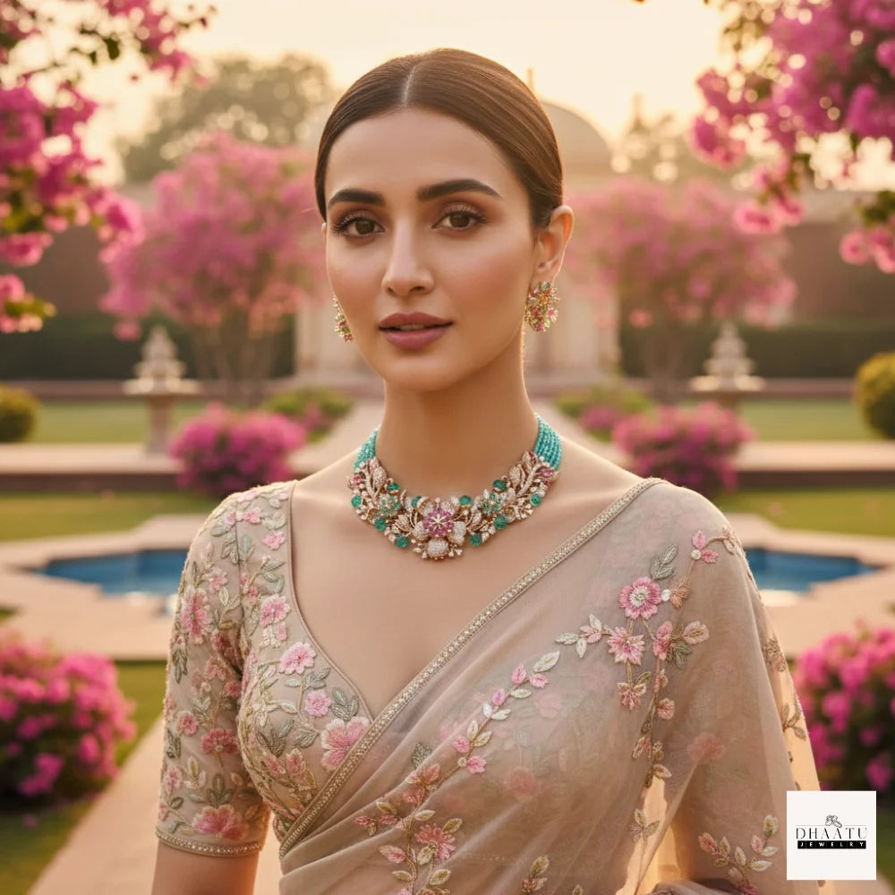 Gulnaar Floral Rose Gold Choker Set with Emerald Beads and Pink Stone Detailing
