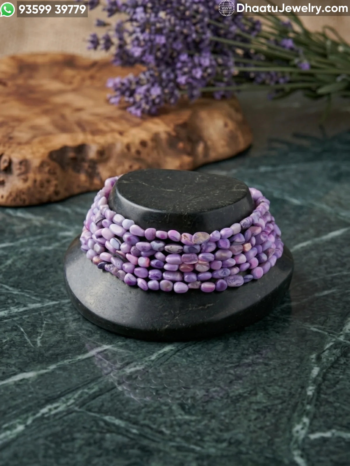 Lavender Phosphosiderite Natural Stone Jewelry Combo: 6-Layer Choker (23cm) & 5-Layer Matinee Necklace (60cm) with Side-Mounted Gemstone Pendant