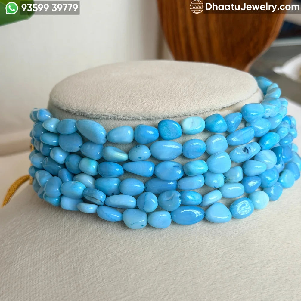 6-Layer Sky Blue Tumbled Natural Stone Choker Necklace - 4.5cm Wide Statement Bead Jewelry with Adjustable Cord