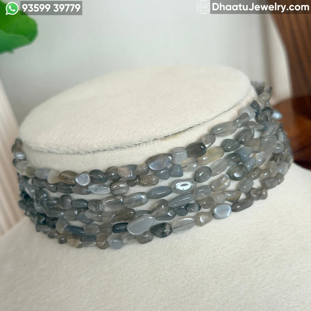 6-Layer Grey Moonstone Natural Stone Beaded Choker Necklace - 4.5cm Wide Handcrafted Smokey Grey Statement Jewelry