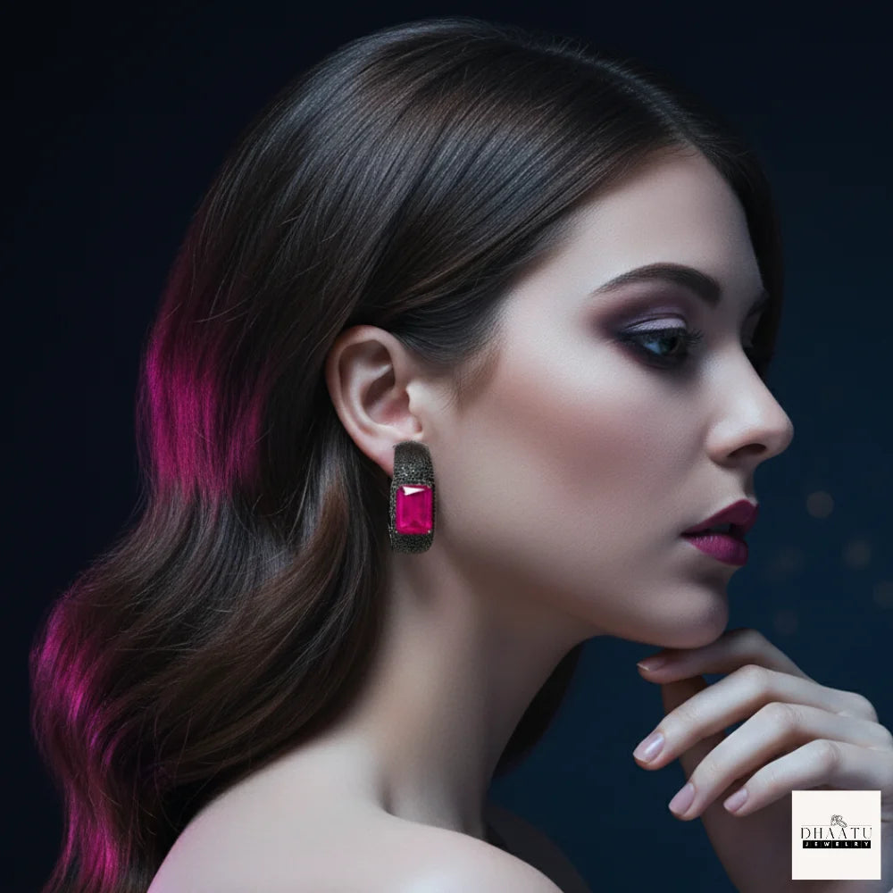 Midnight Fuchsia: Emerald-Cut Pink Crystal & Black Pavé Wide Huggie Hoop Earrings (Gunmetal Finish)