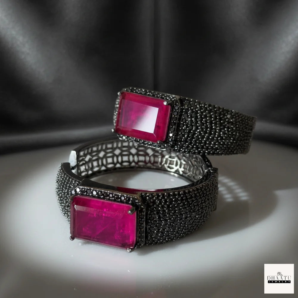 Midnight Fuchsia: Emerald-Cut Pink Crystal & Black Pavé Wide Huggie Hoop Earrings (Gunmetal Finish)