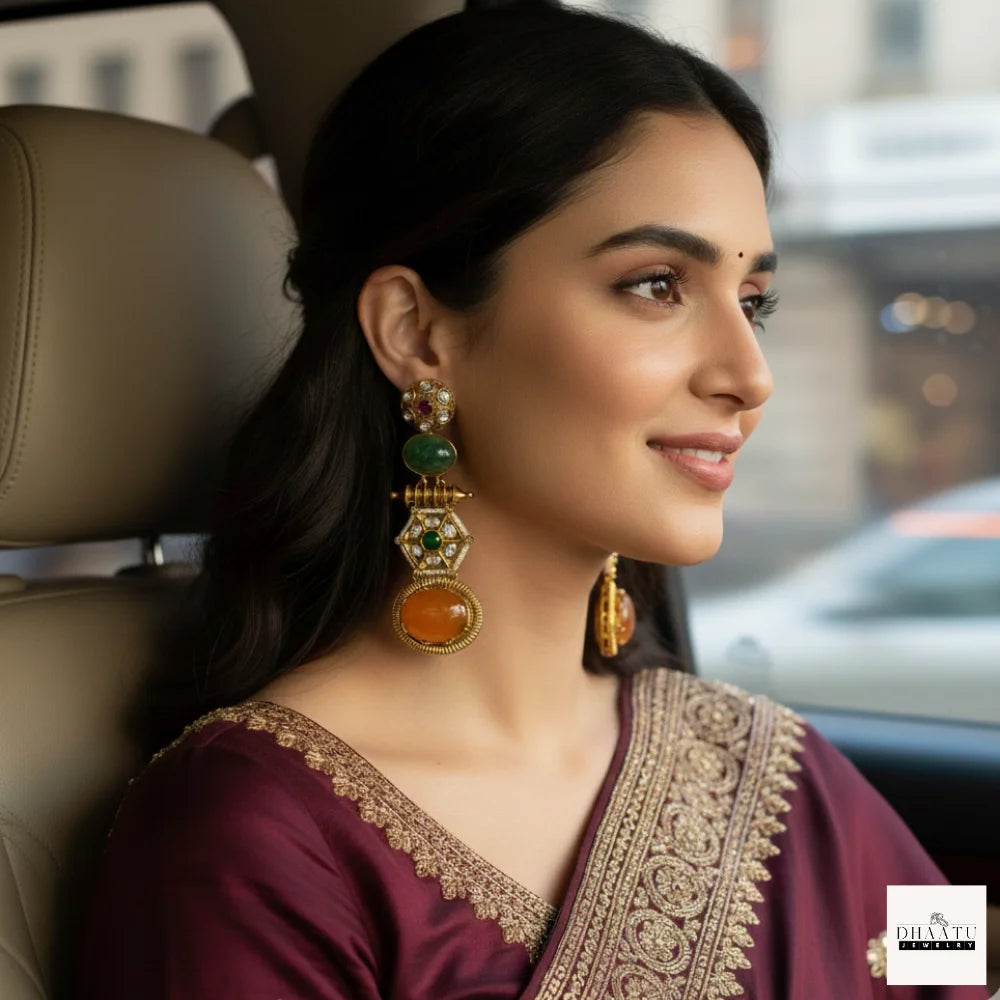 Regal Antique Gold-Plated Kundan Drop Earrings with Green & Orange Cabochon Stones | Statement Ethnic Style