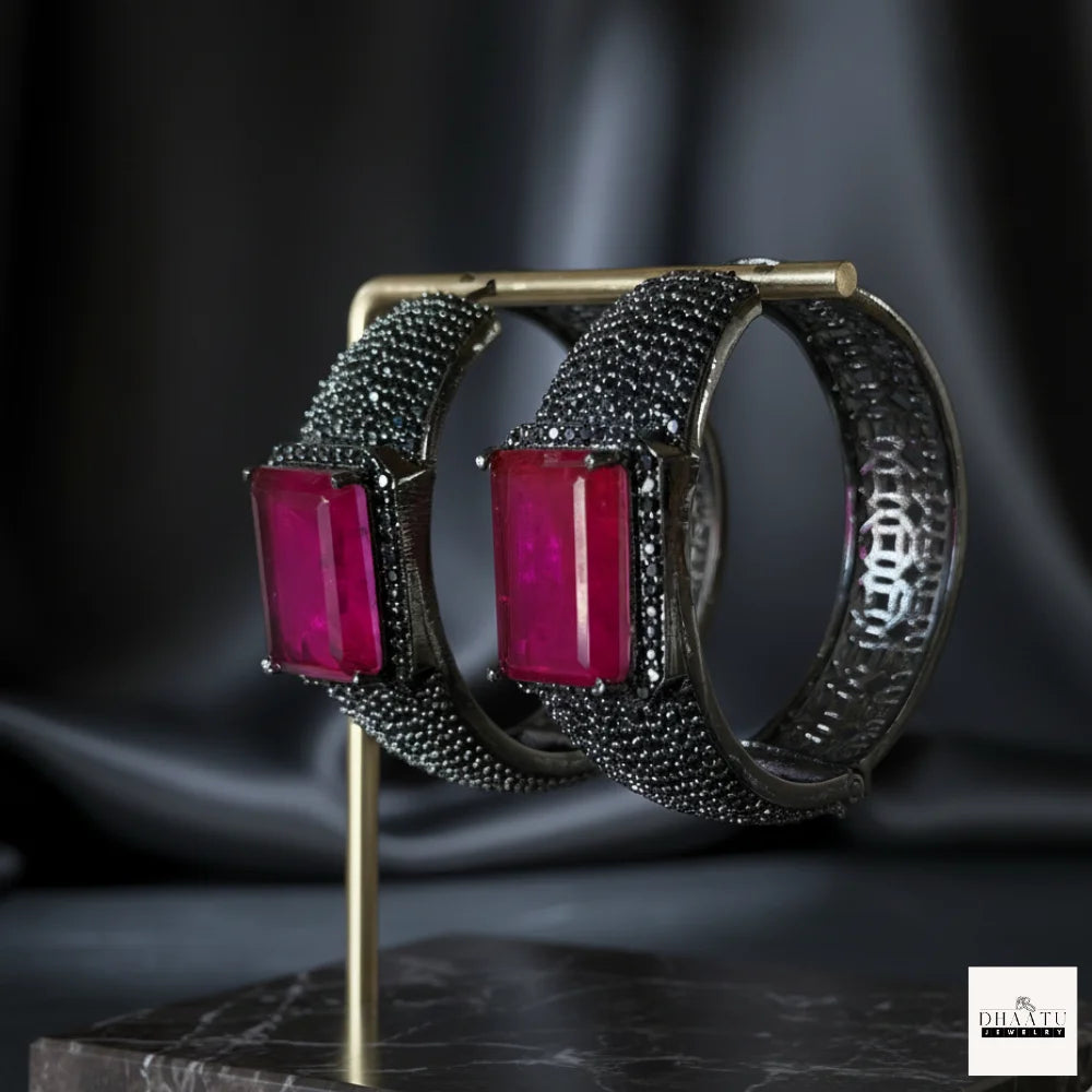 Midnight Fuchsia: Emerald-Cut Pink Crystal & Black Pavé Wide Huggie Hoop Earrings (Gunmetal Finish)