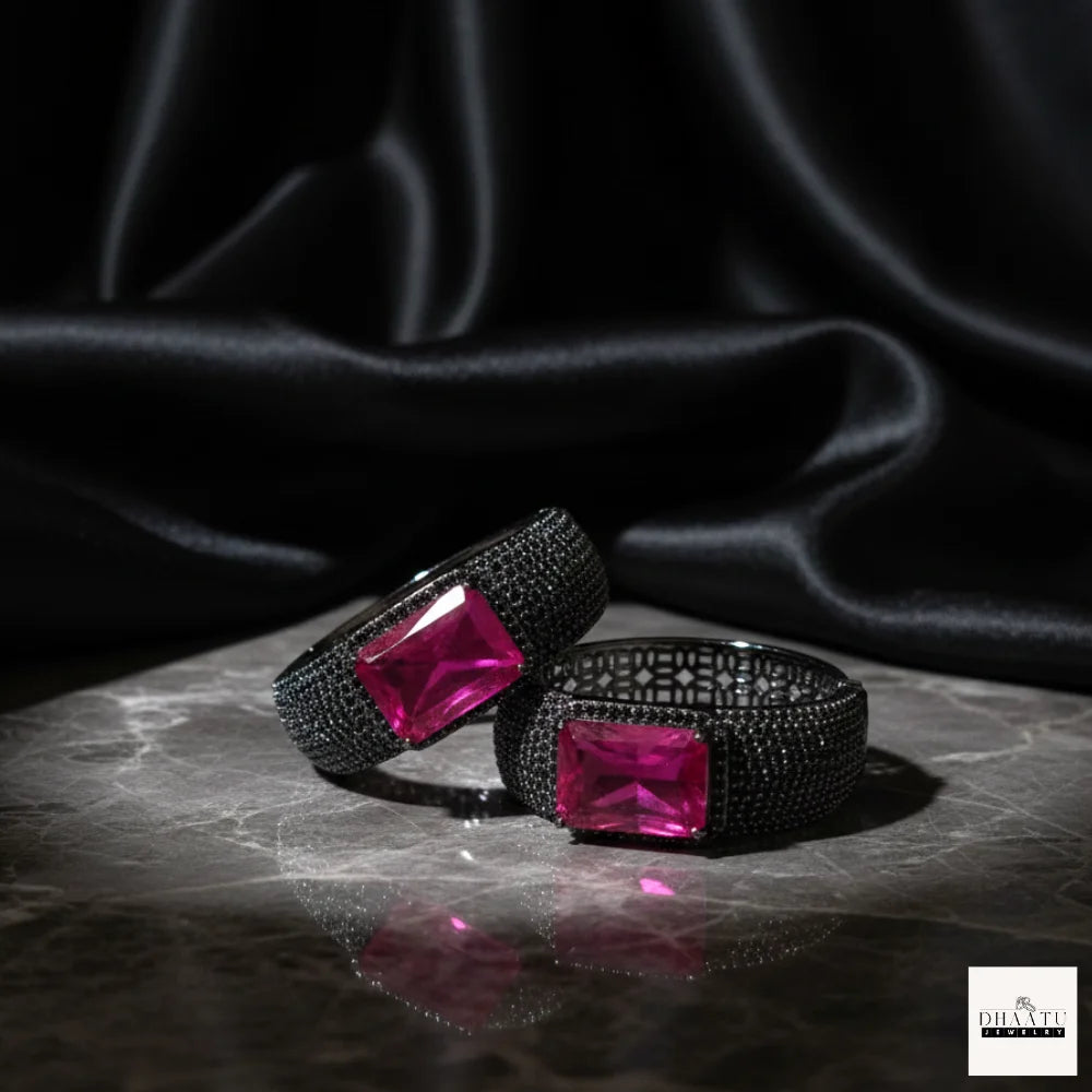Midnight Fuchsia: Emerald-Cut Pink Crystal & Black Pavé Wide Huggie Hoop Earrings (Gunmetal Finish)