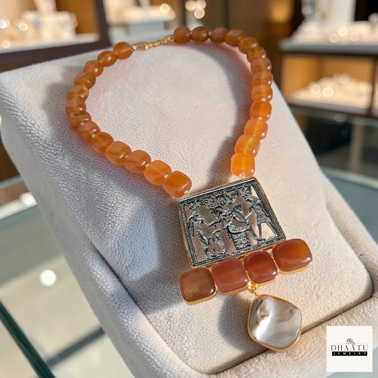 Egyptian Revival Statement Necklace with Carnelian/Lapis Lazuli & MOP