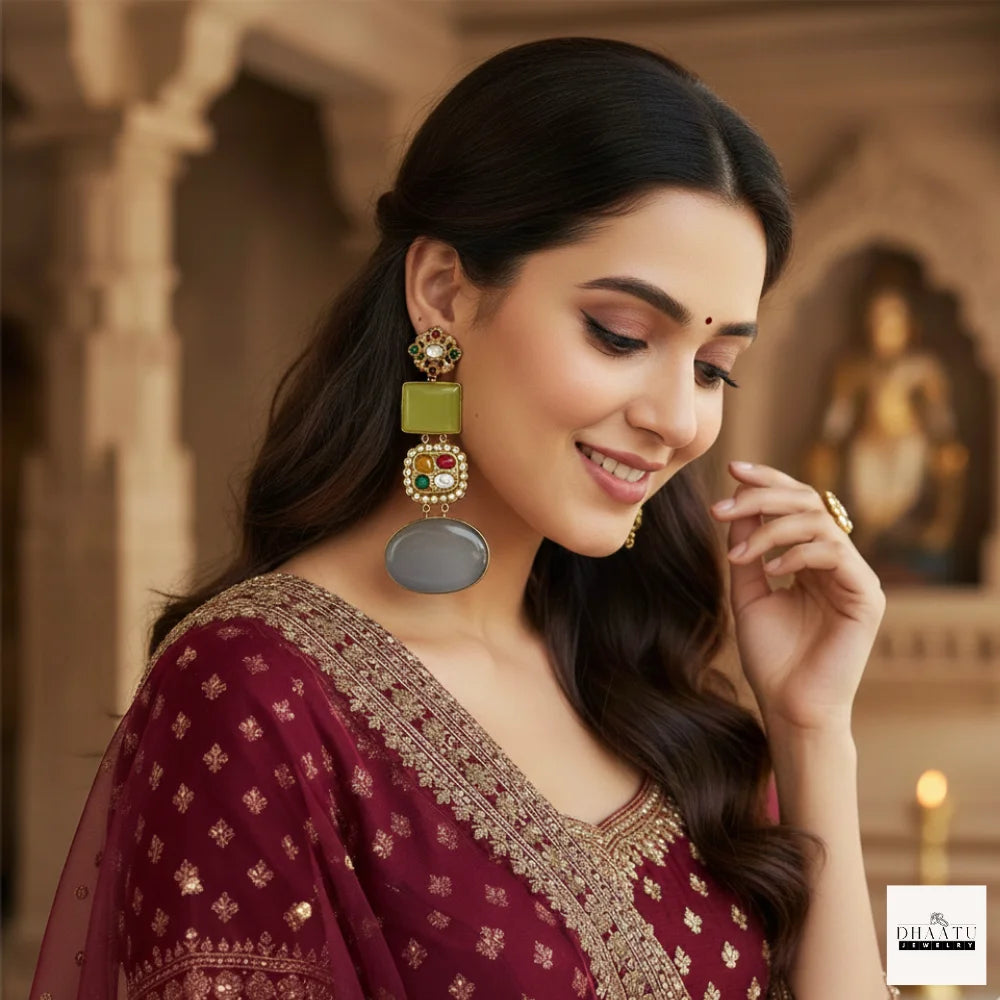 Regal Green & Grey Cat's Eye Drop Earrings with Multi-Stone Embellishment