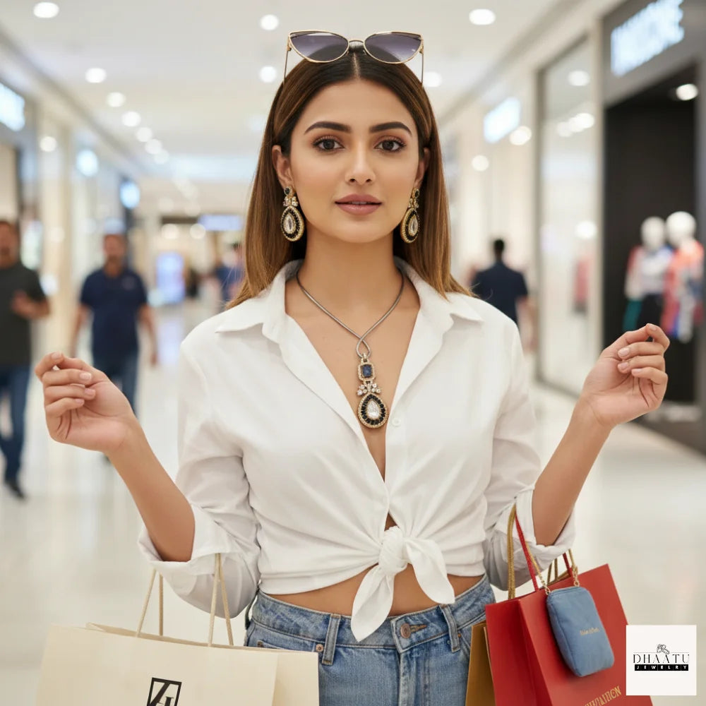 Pear-Cut Gemstone Fusion Jewelry Set – Gold-Plated Teardrop Necklace & Studs with Baguette Halo