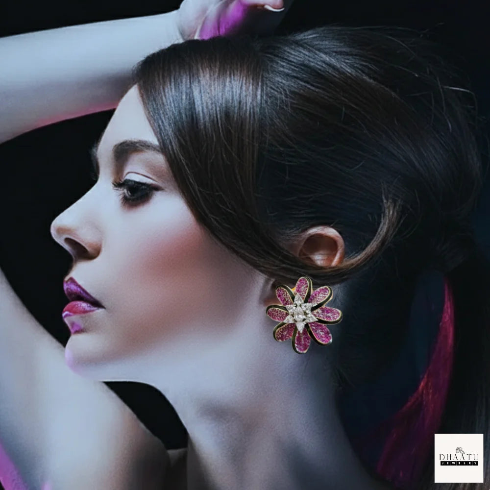 Lumina Enamel-Edged Crystal Floral Stud Earrings | Gold-Plated Statement Jewelry