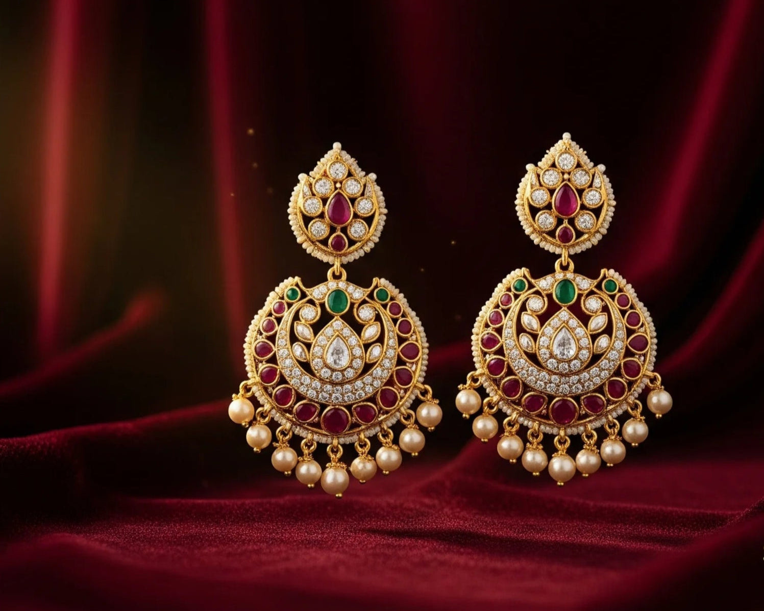 Pair of gold earrings with gemstones on a red fabric background