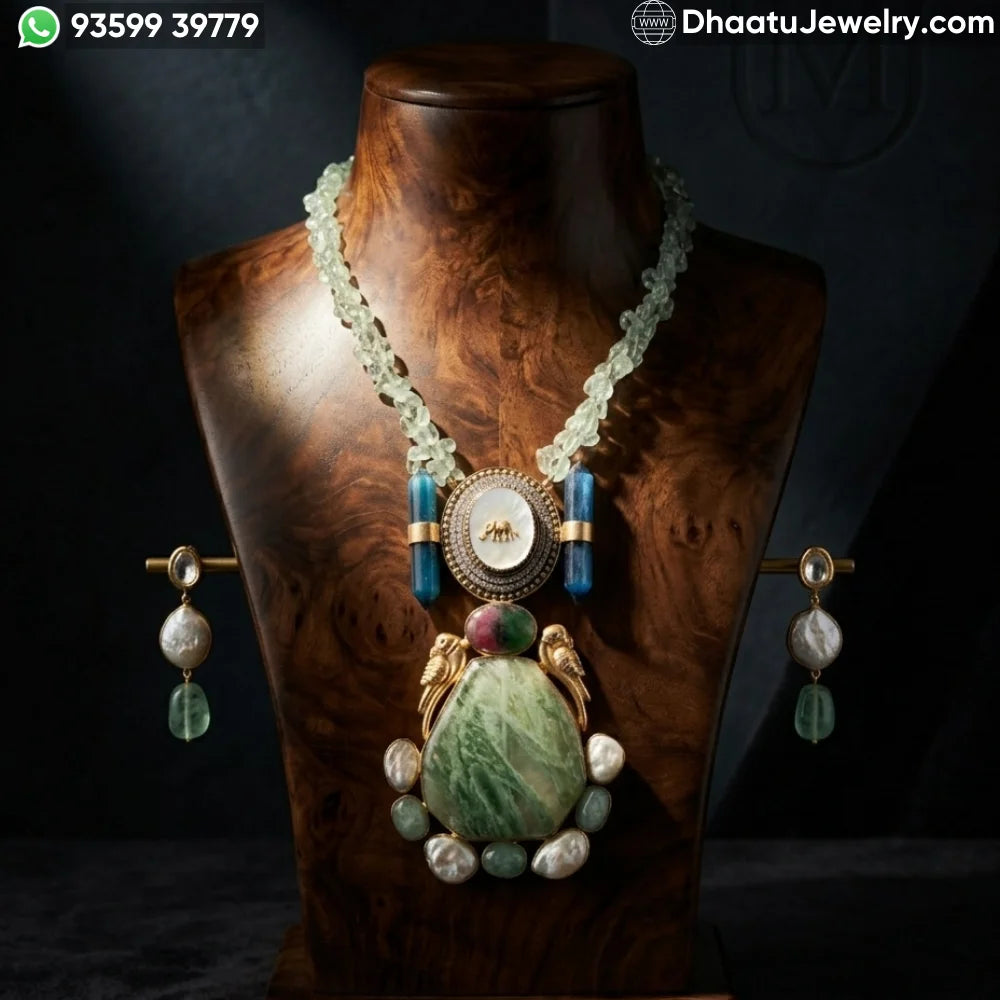 Handcrafted Fusion Statement Necklace Set with Elephant Motif, Emerald-Green Stones, and Baroque Pearls