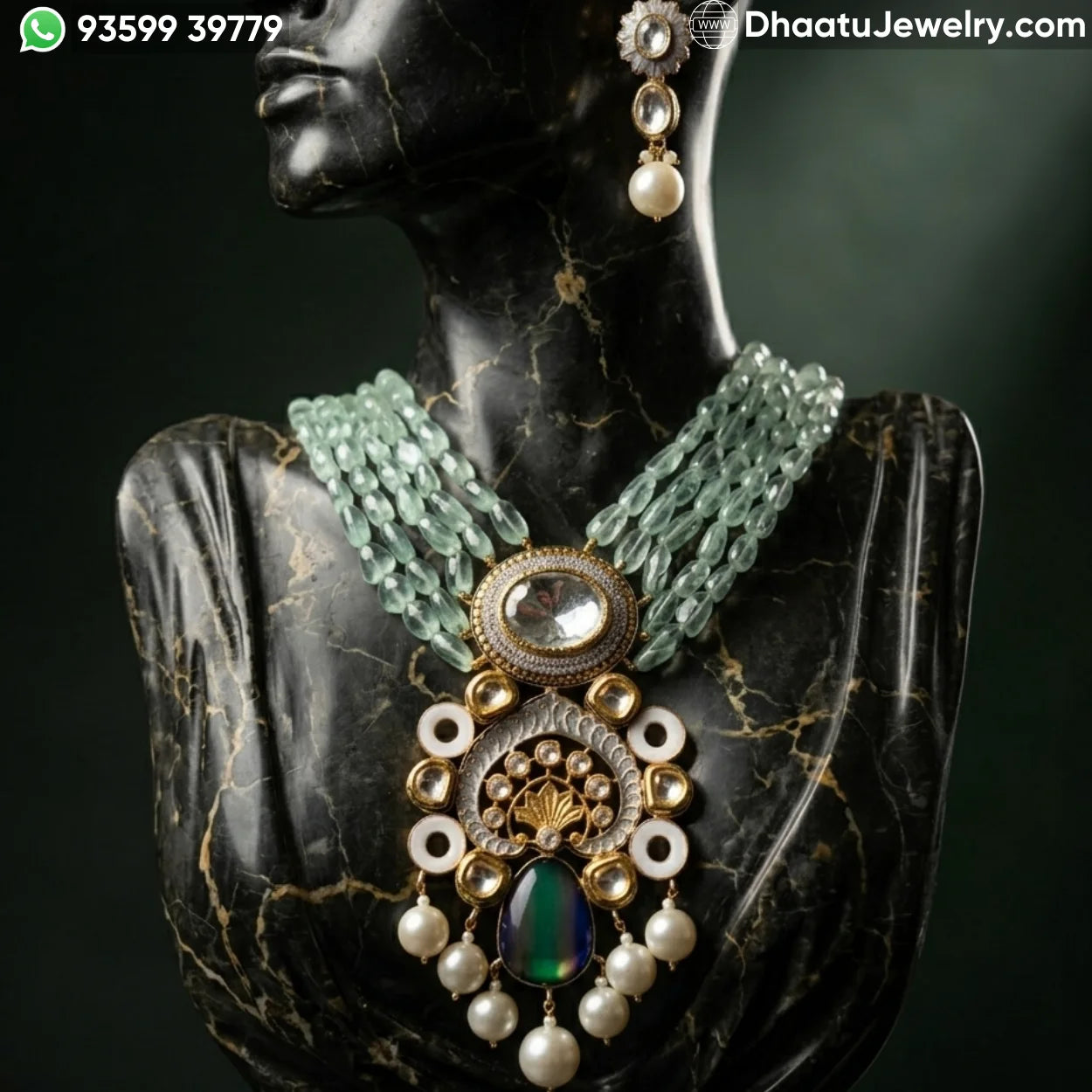 Handcrafted Pastel Mint Green Bead & Kundan Fusion Necklace Set with Meenakari Pendant