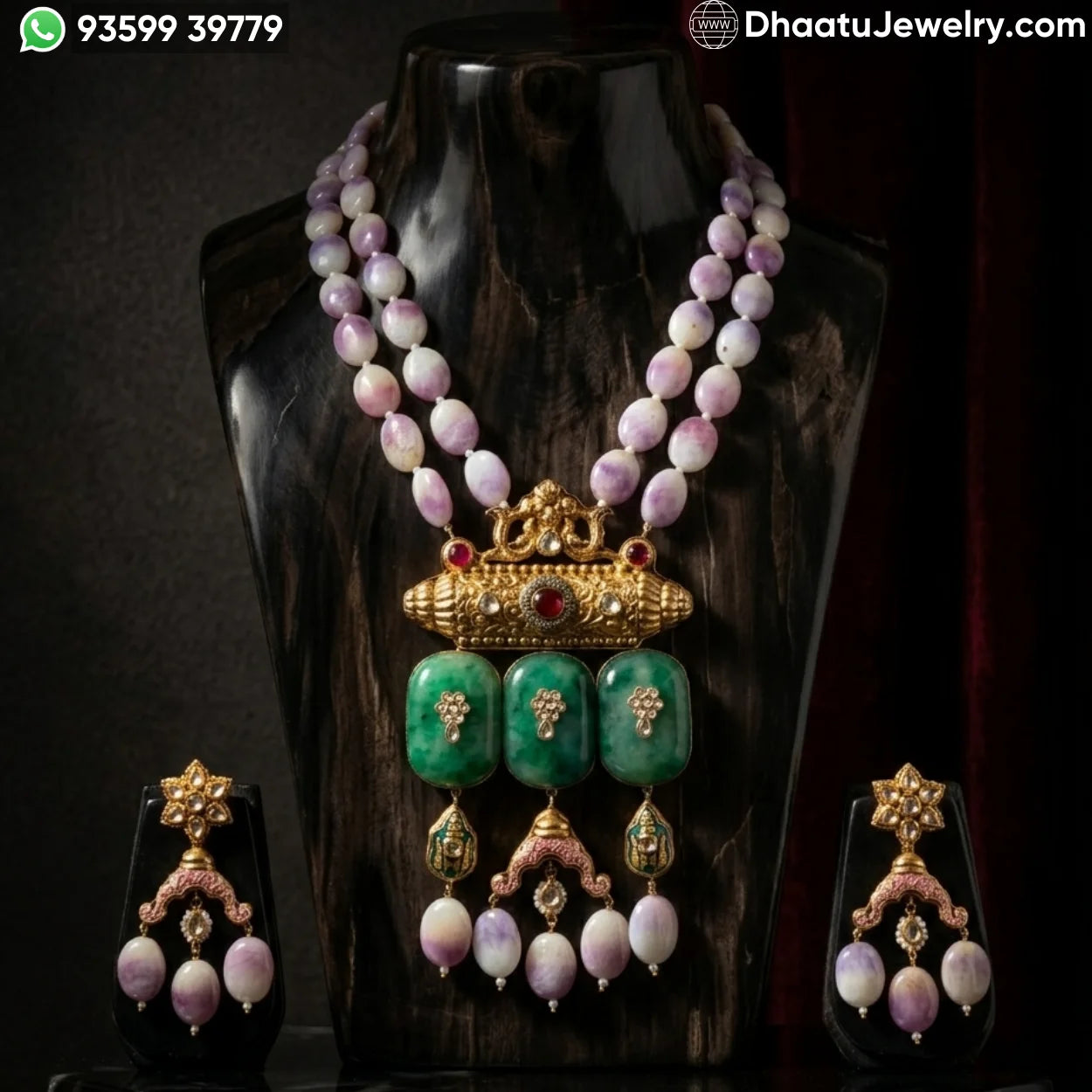 Handcrafted Jadau Fusion Necklace Set with Lavender Beads and Emerald Green Stones