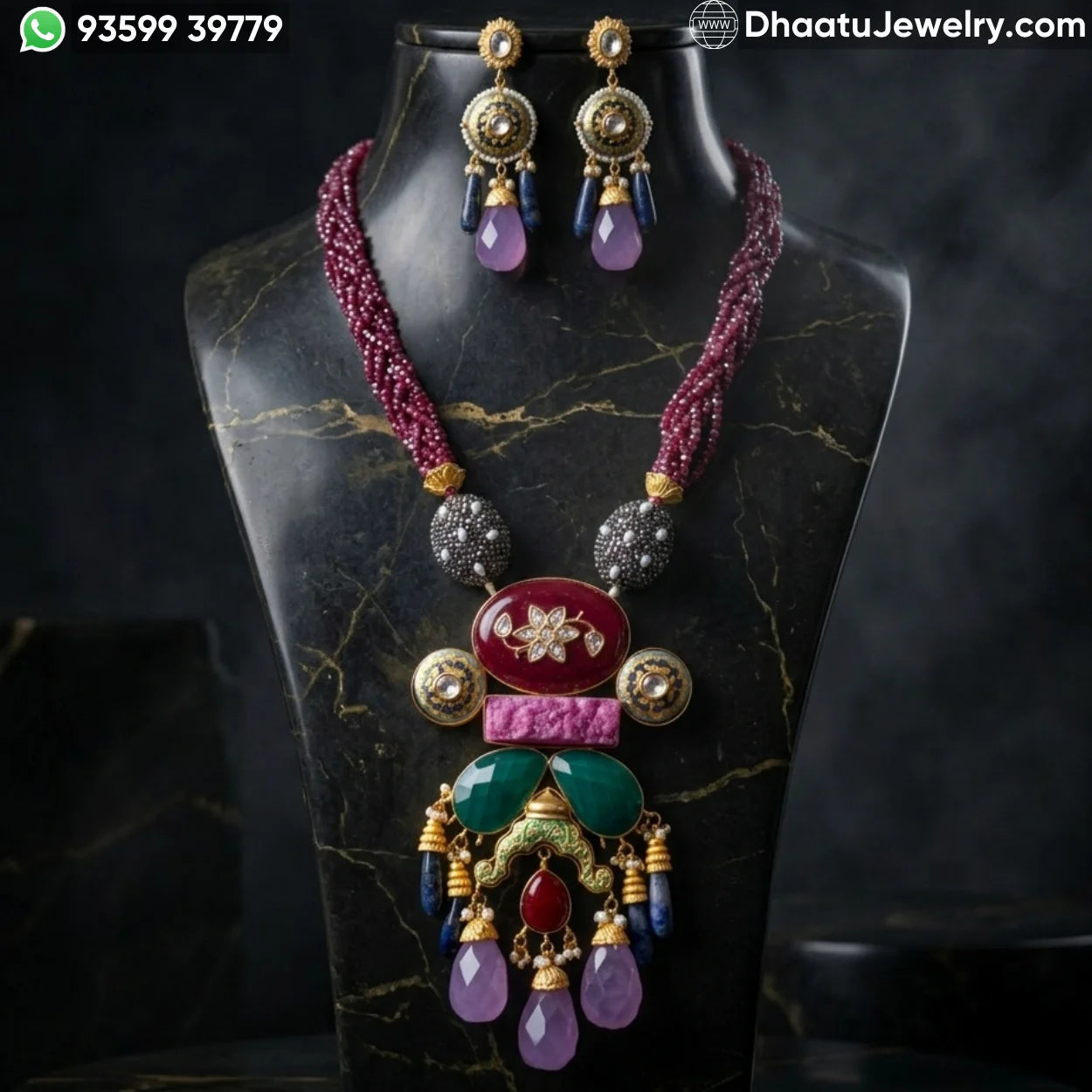 Hand-Enameled Meenakari Fusion Necklace Set with Multi-Stone Accents and Beaded Tassels