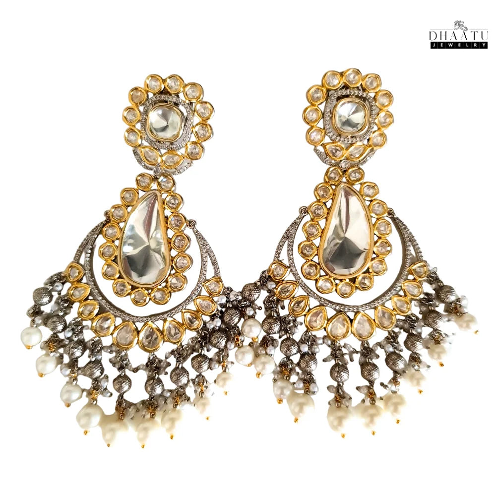 Exquisite Kundan Polki Chandbali Earrings with Pearl & Hydro Dangle Drops