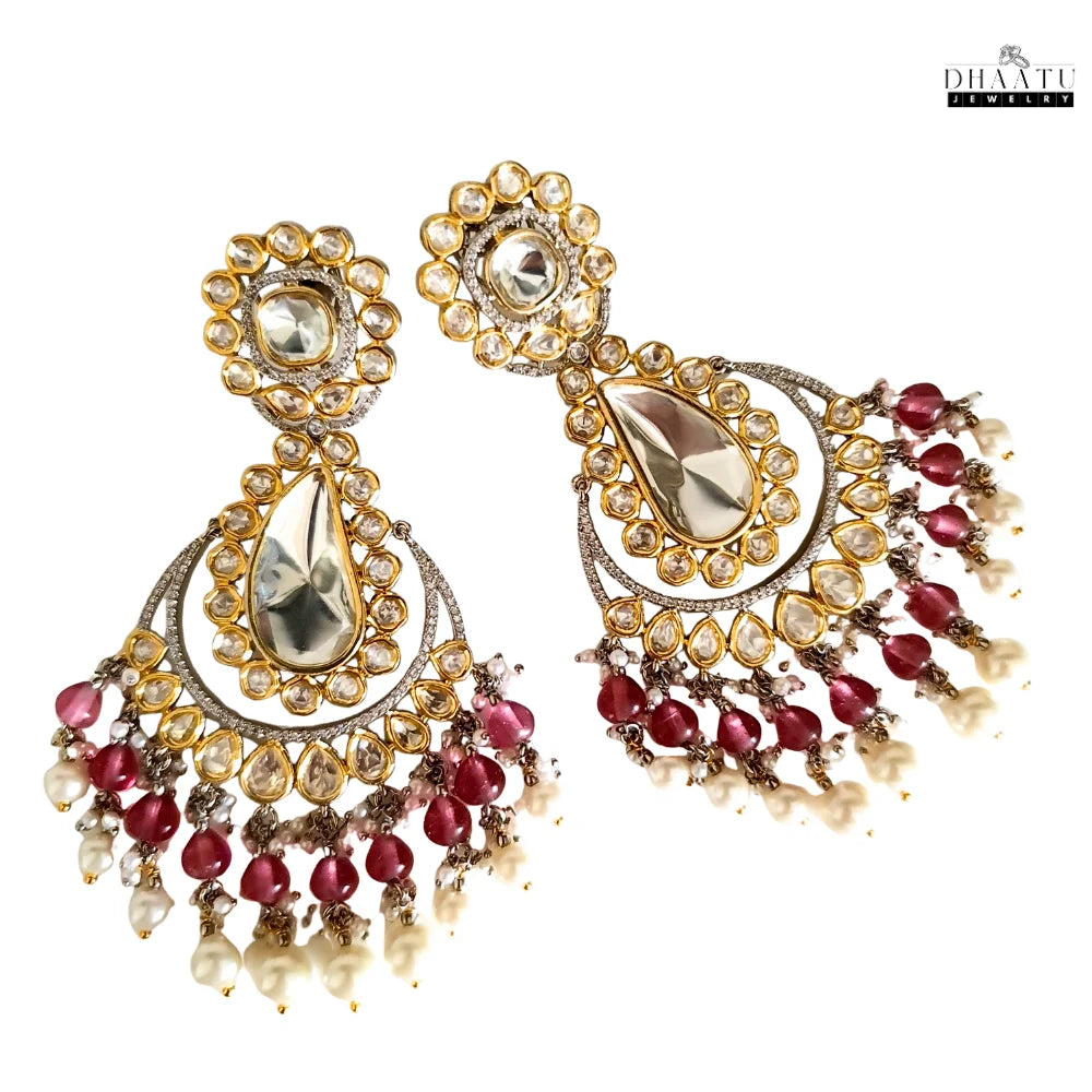 Exquisite Kundan Polki Chandbali Earrings with Pearl & Hydro Dangle Drops