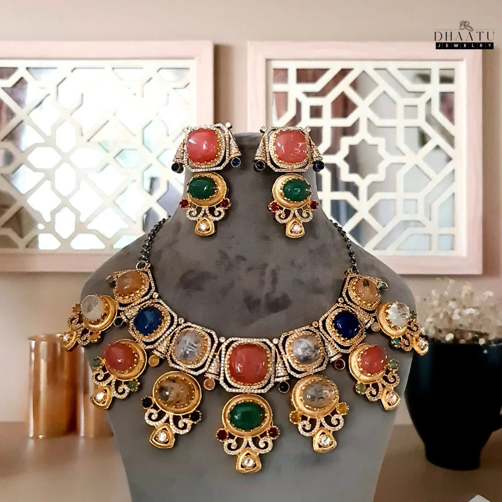 Rivaayat Collection: 'Aarushi' Multi-Stone Two Layer Traditional Choker Necklace Set with Earrings