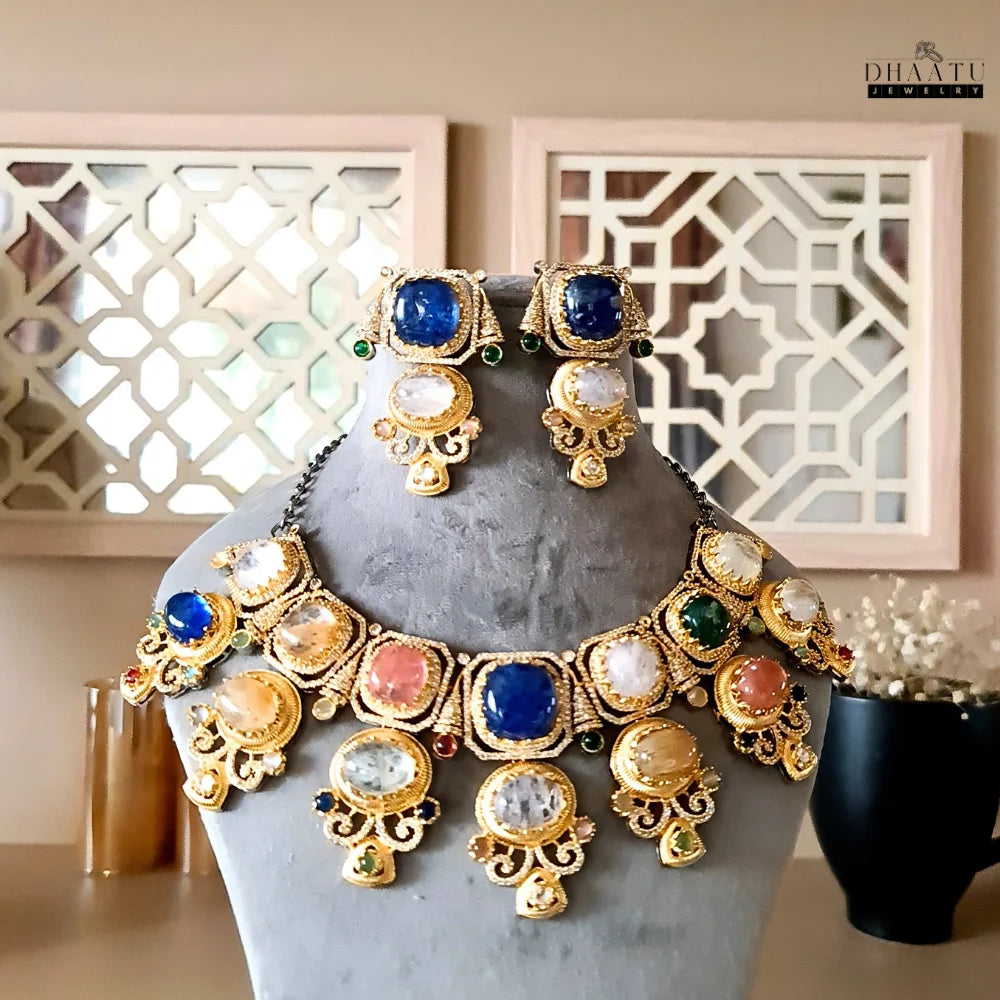 Rivaayat Collection: 'Aarushi' Multi-Stone Two Layer Traditional Choker Necklace Set with Earrings