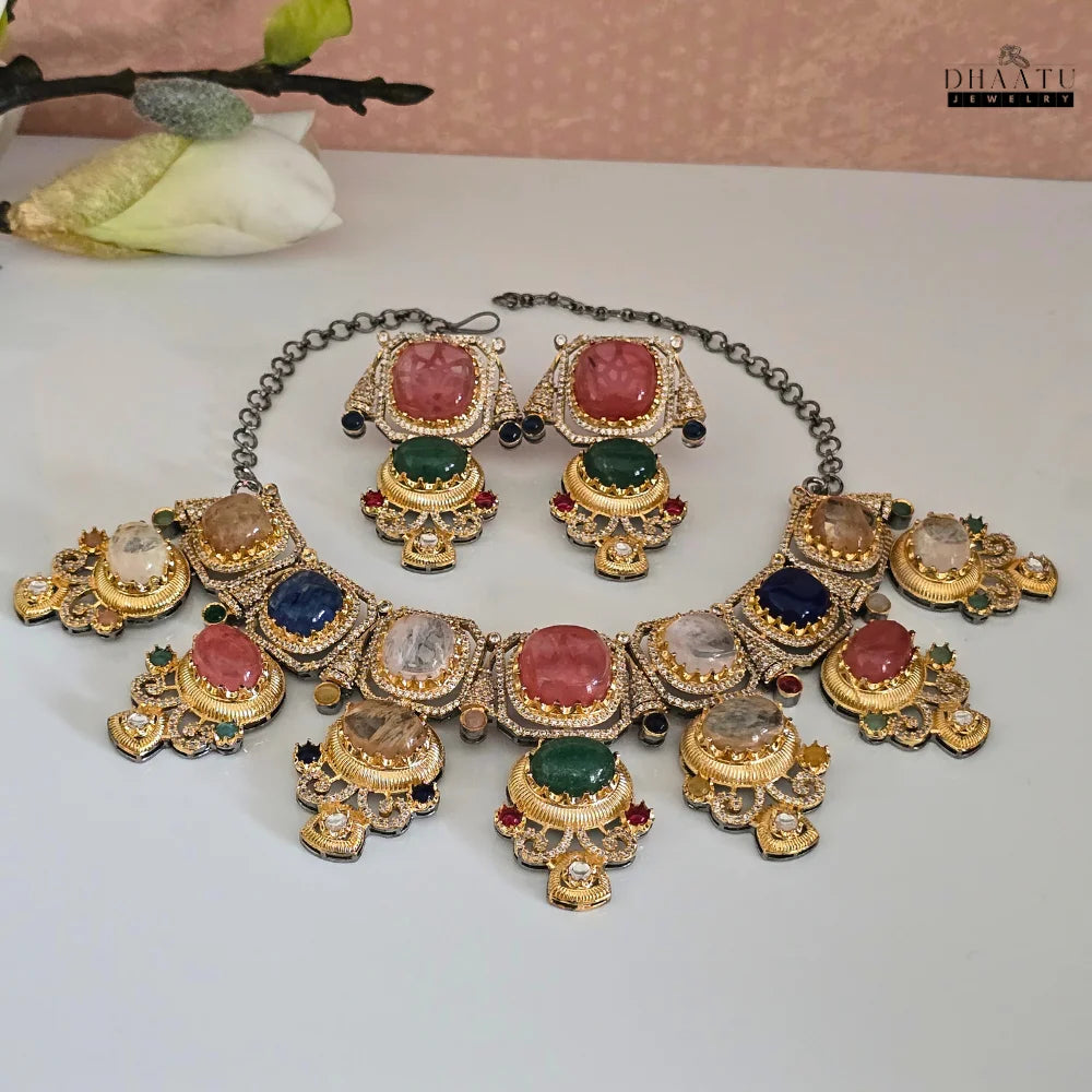 Rivaayat Collection: 'Aarushi' Multi-Stone Two Layer Traditional Choker Necklace Set with Earrings