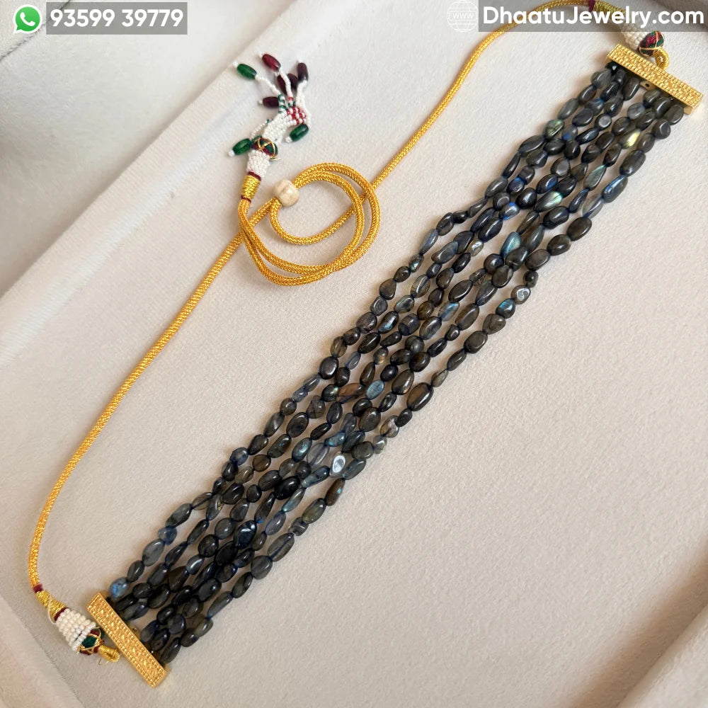Natural Labradorite 6-Layer Multi-Strand Bead Choker Necklace | Iridescent Grey Statement Jewelry | 4.5cm x 23cm