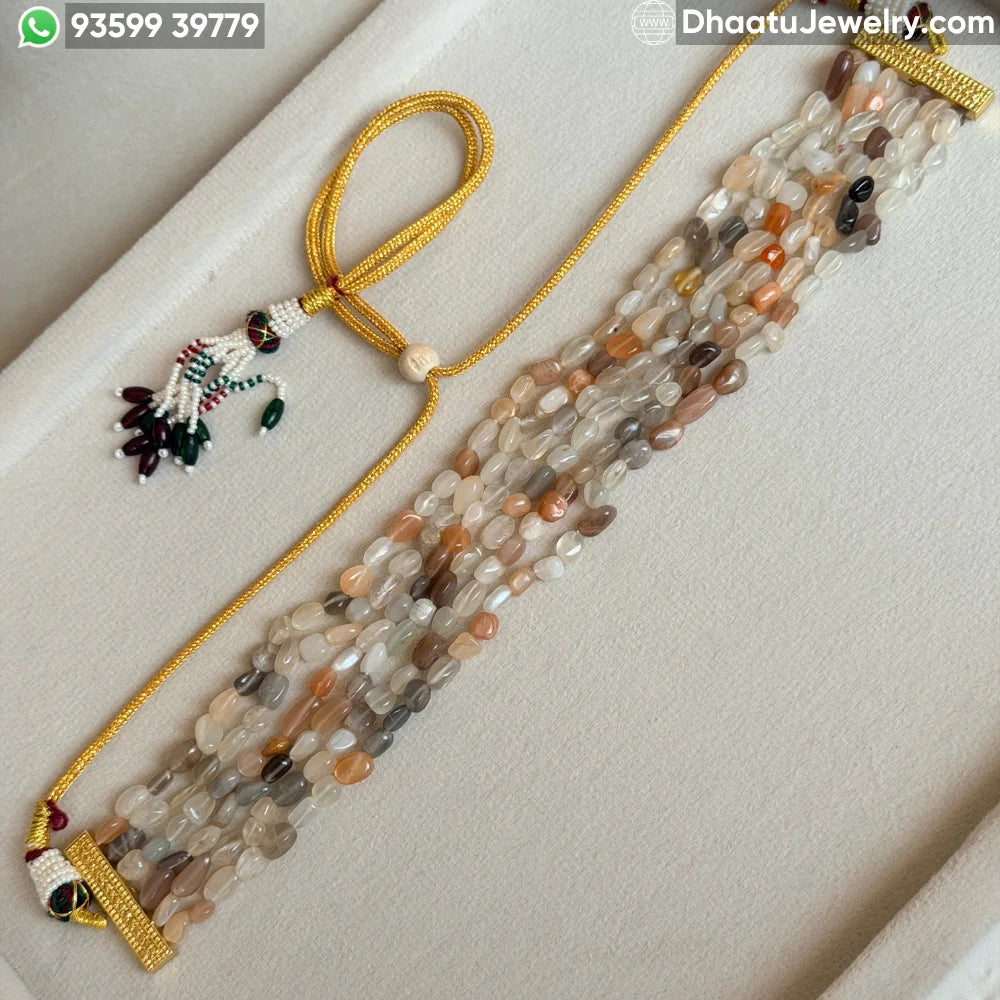 Multi-Color Moonstone 6-Layer Natural Stone Choker Necklace - Earthy Peach, Grey & Cream Tumbled Beads (23cm x 4.5cm)