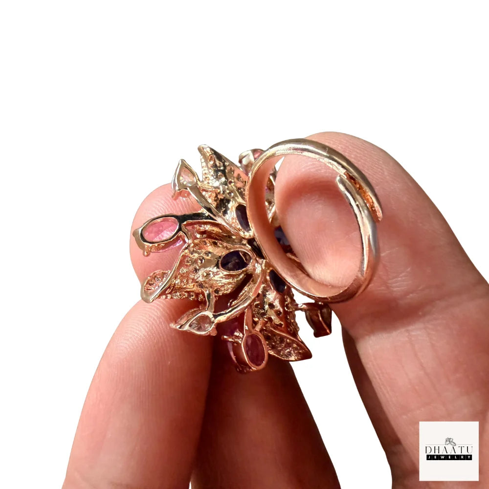 Gulnaar Amethyst & Pink Sapphire Floral Statement Ring - Adjustable Rose Gold Cocktail Ring