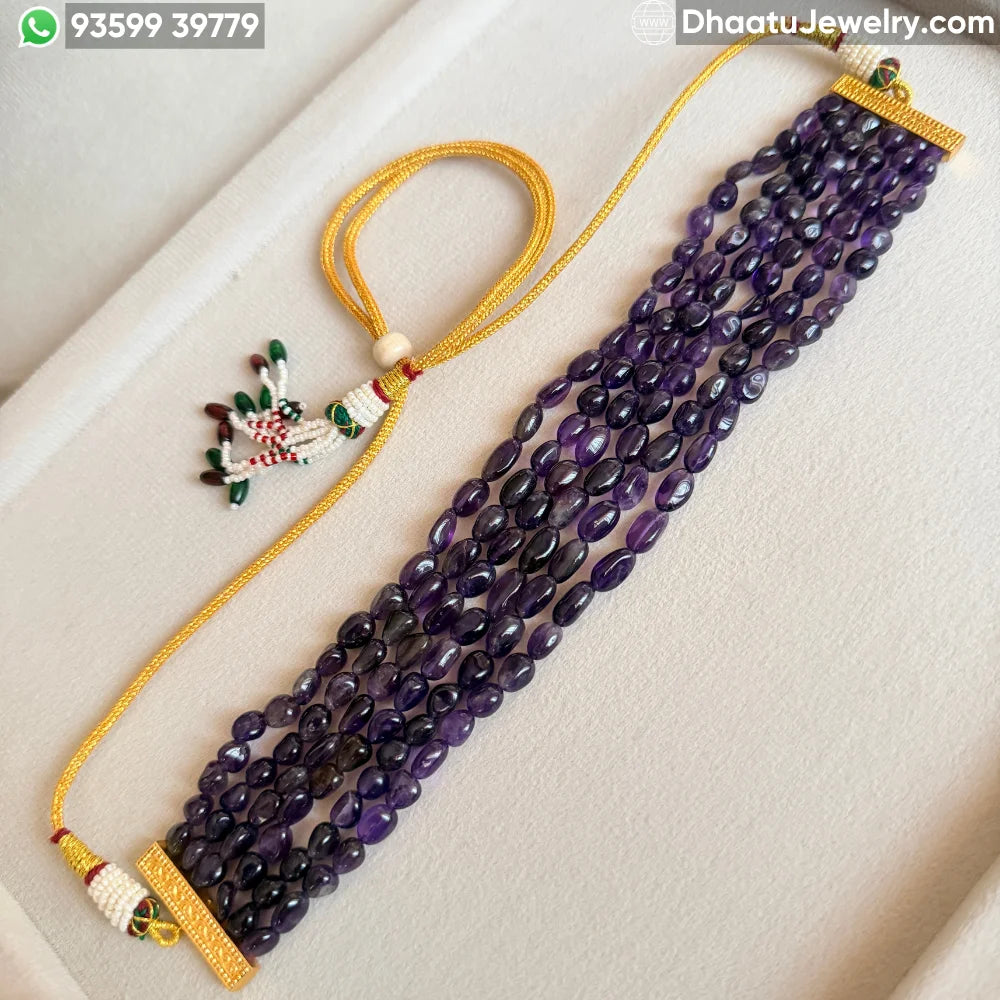 Elegant 6-Layer Natural Amethyst Bead Choker Necklace – 23cm Purple Gemstone Statement Jewelry