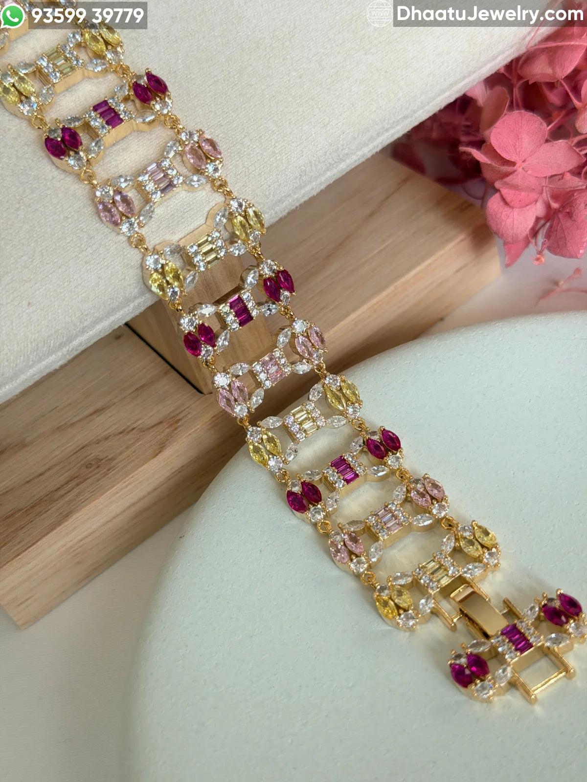 Multicolor Marquise & Baguette Crystal Gold-Plated Link Bracelet – 18cm to 21cm Adjustable Size