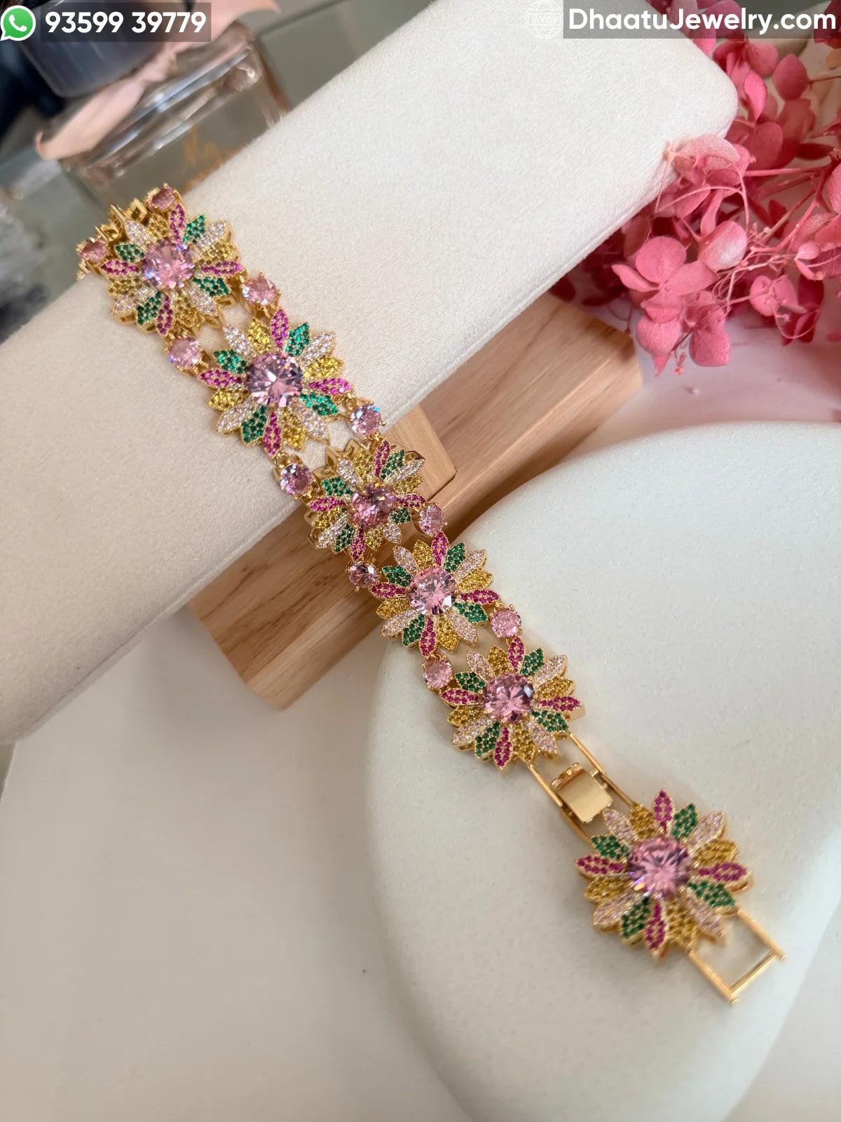Floral Burst 18k Gold Plated Adjustable Bracelet - Zirconia Sunflower Link Design in Multicolor, Canary Yellow, and Ruby Pink (18-21cm)