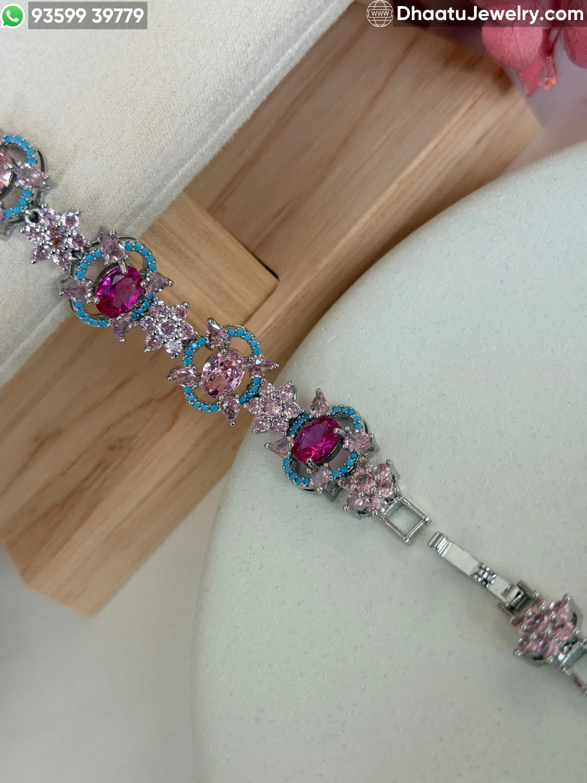 Multicolor and Pink Floral Crystal Statement Bracelet - Gold & Silver Toned - 18cm to 21cm Adjustable Length