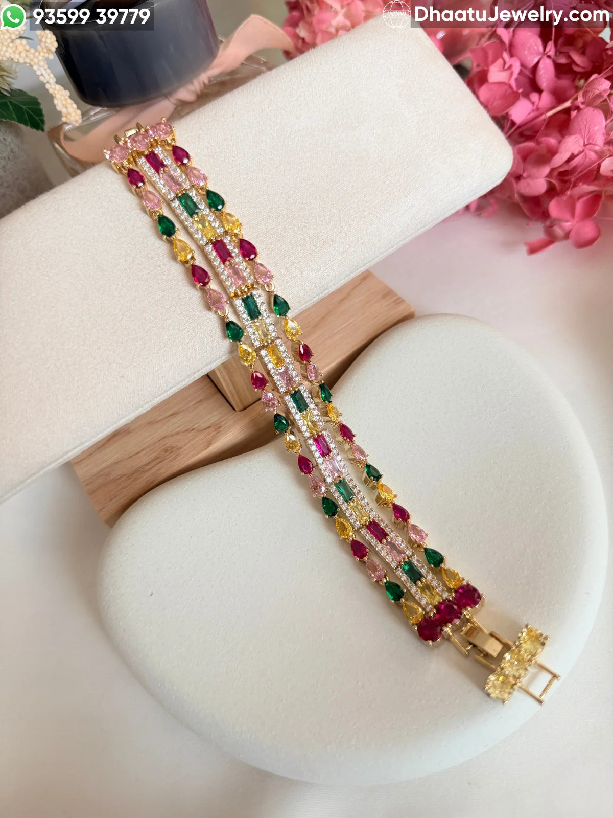 Multicolor Navette & Baguette CZ Triple-Row Bracelet in 18K Gold Plating – 18cm to 21cm Adjustable Length