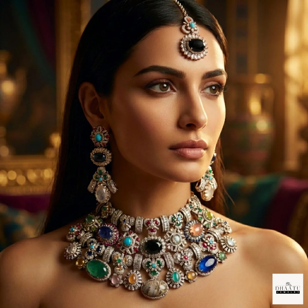 Afreen Set - Victorian Finish 4 Layered Bridal Choker Set with Multi-Color Doublet Stones & Maang Tika