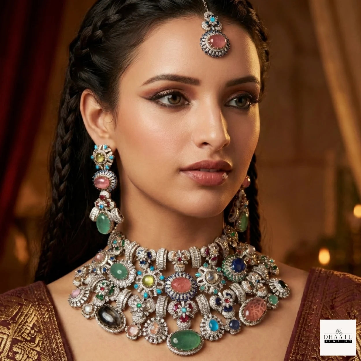 Afreen Set - Victorian Finish 4 Layered Bridal Choker Set with Multi-Color Doublet Stones & Maang Tika
