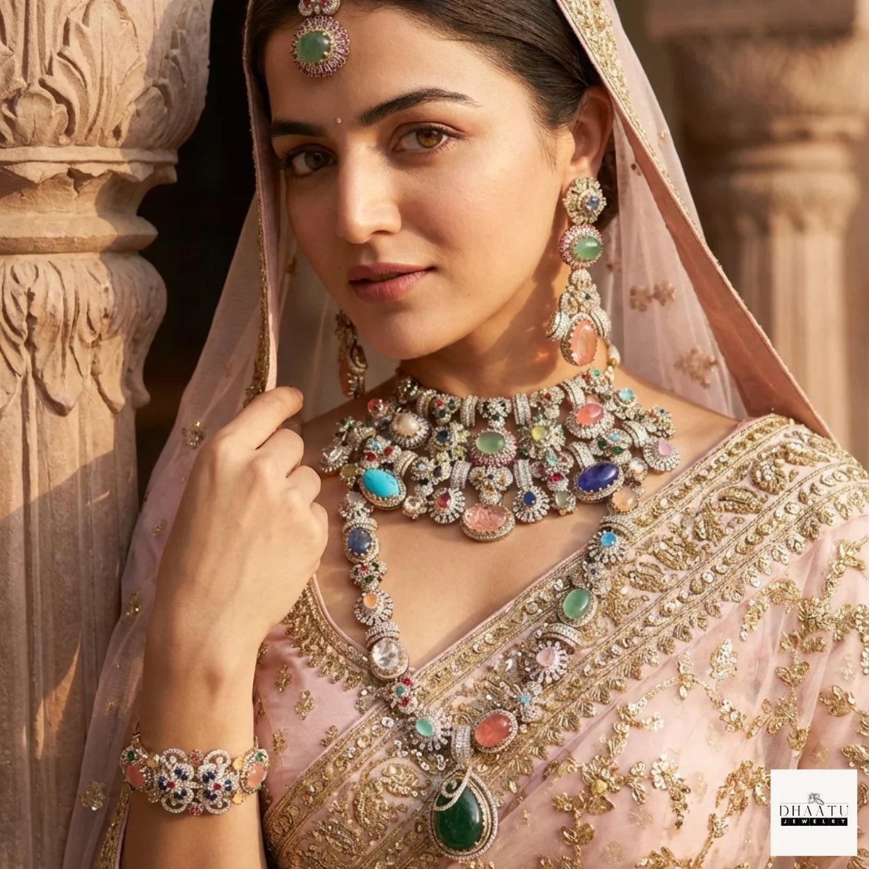 Afreen Set - Victorian Finish 4 Layered Bridal Choker Set with Multi-Color Doublet Stones & Maang Tika