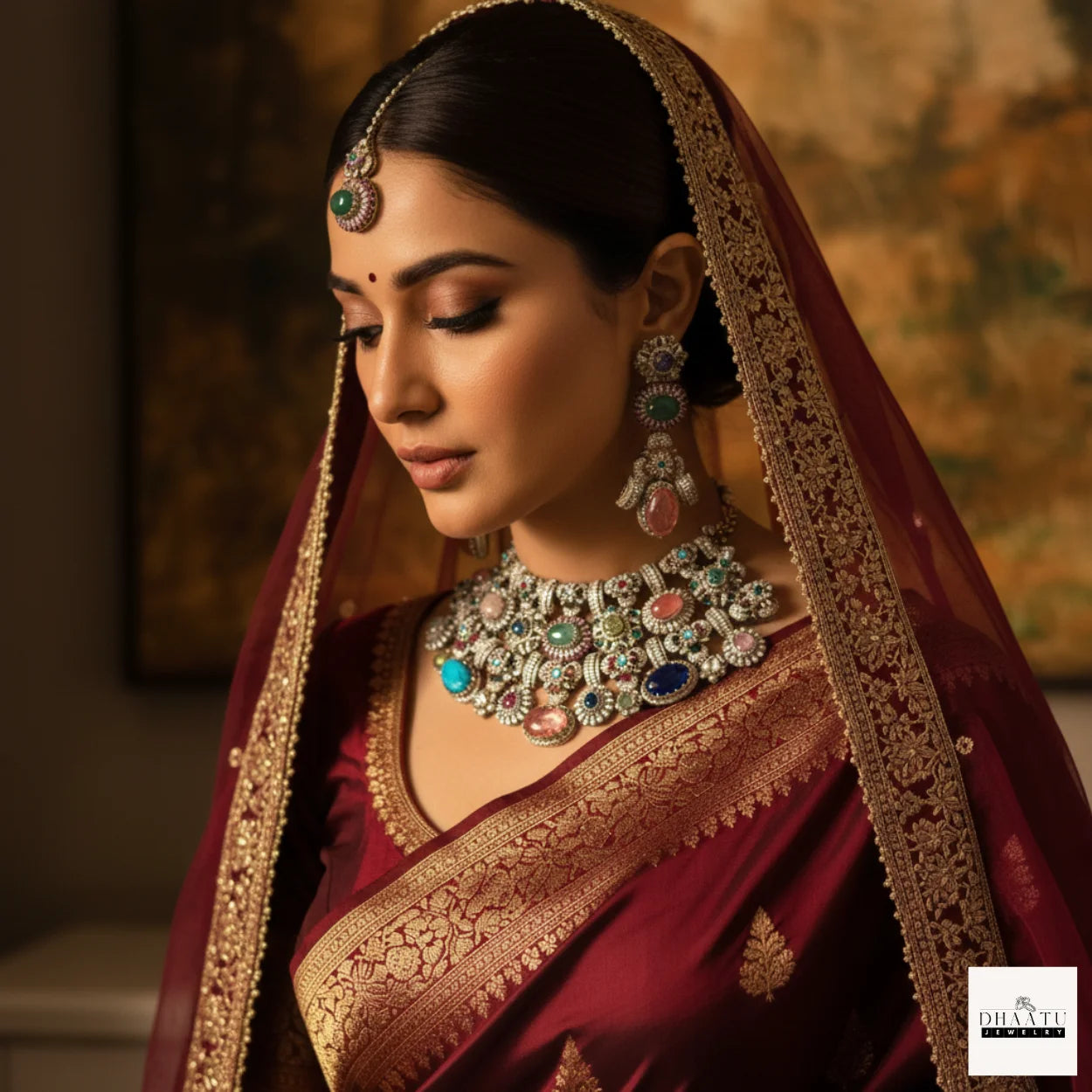 Afreen Set - Victorian Finish 4 Layered Bridal Choker Set with Multi-Color Doublet Stones & Maang Tika