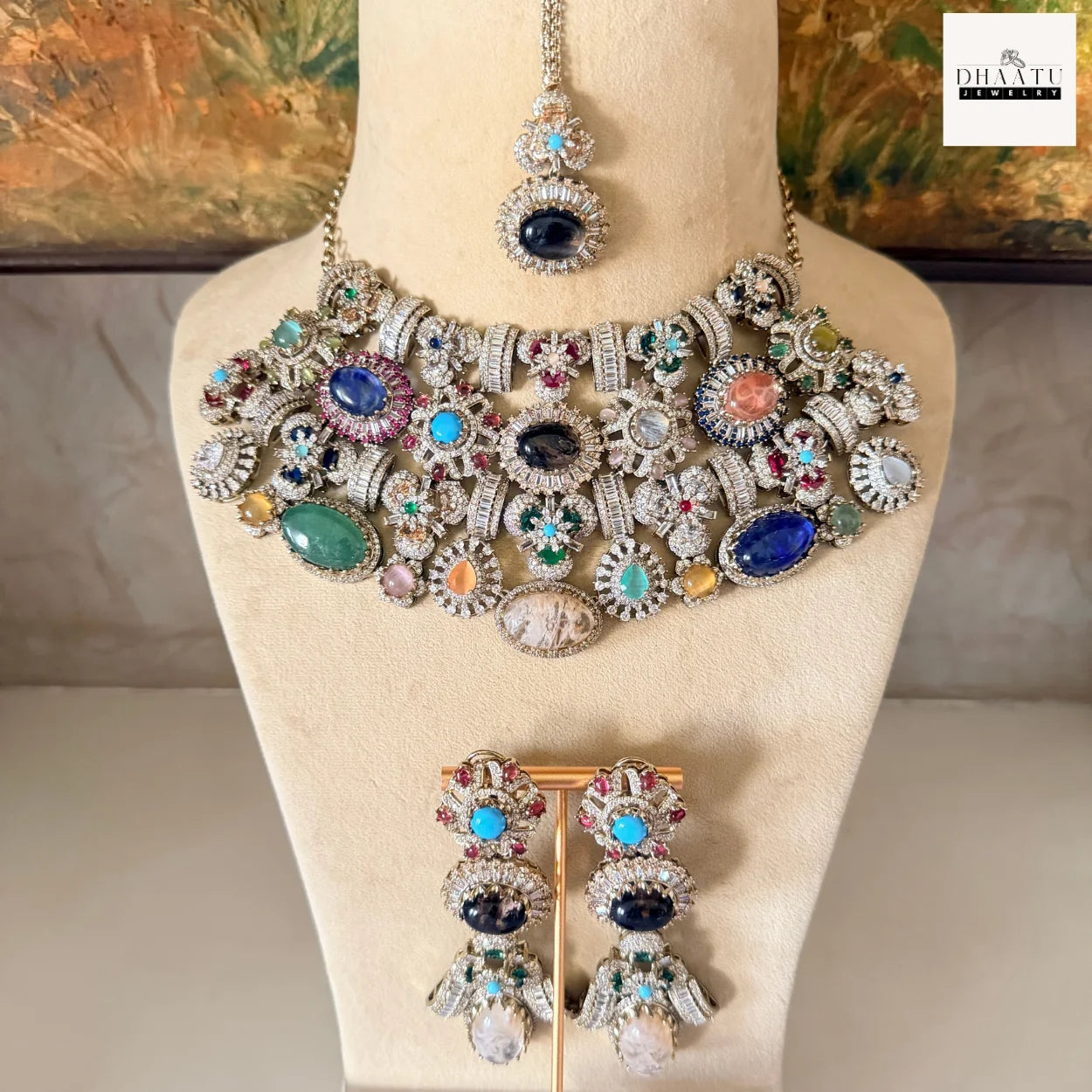 Afreen Set - Victorian Finish 4 Layered Bridal Choker Set with Multi-Color Doublet Stones & Maang Tika