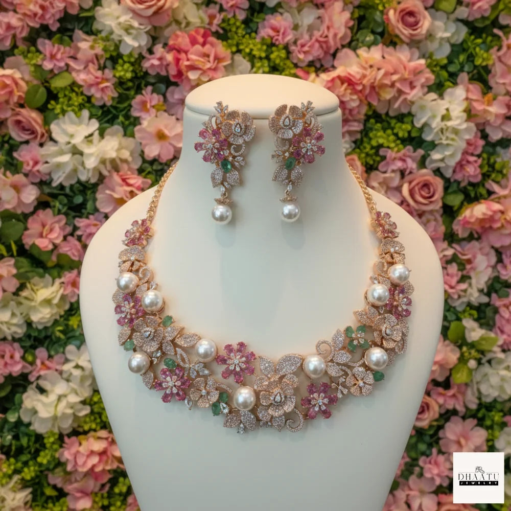 Aira Floral Bloom Pearl Necklace & Dangler Earrings Set – Gulnaar Collection by Dhaatu