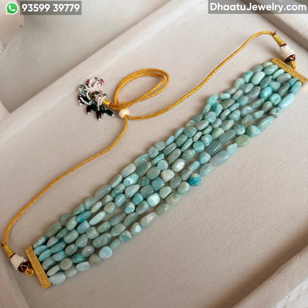 6-Layer Natural Amazonite Stone Bead Choker Necklace – Aqua Blue Tumbled Gemstone Statement Jewelry (23cm x 4.5cm)