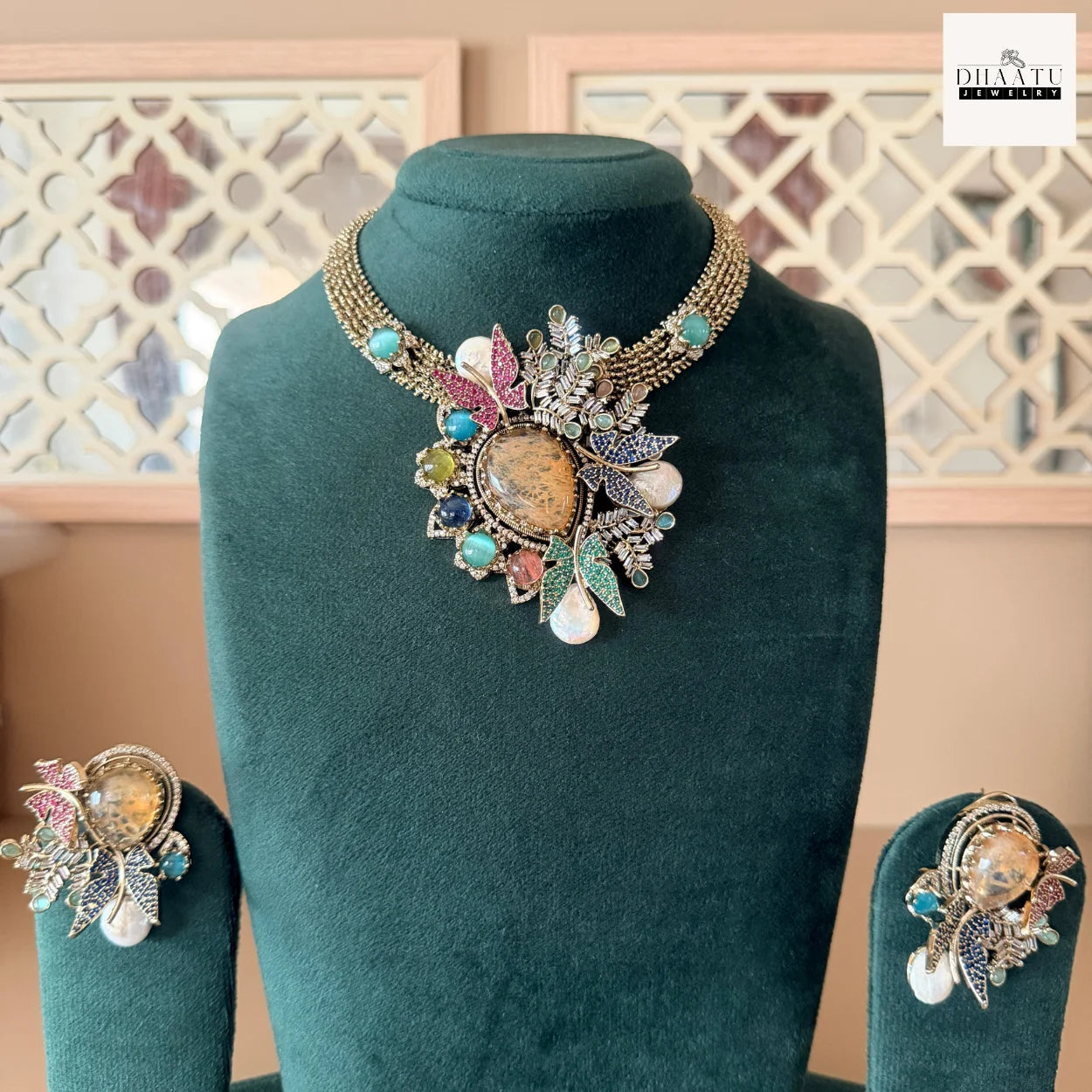 Rivaayat Butterfly & Leaf Motif Victorian Fusion Choker Set with Baroque Pearls