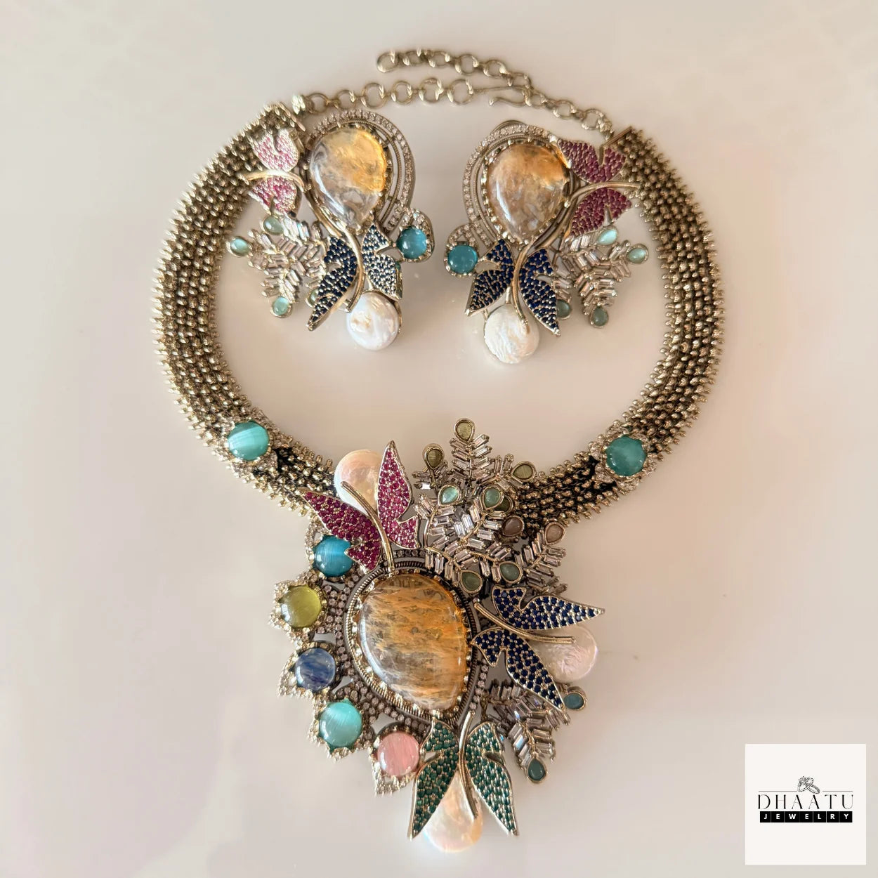 Rivaayat Butterfly & Leaf Motif Victorian Fusion Choker Set with Baroque Pearls