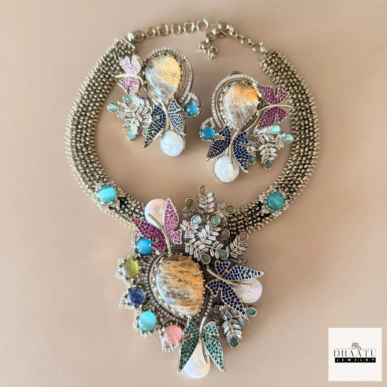 Rivaayat Butterfly & Leaf Motif Victorian Fusion Choker Set with Baroque Pearls