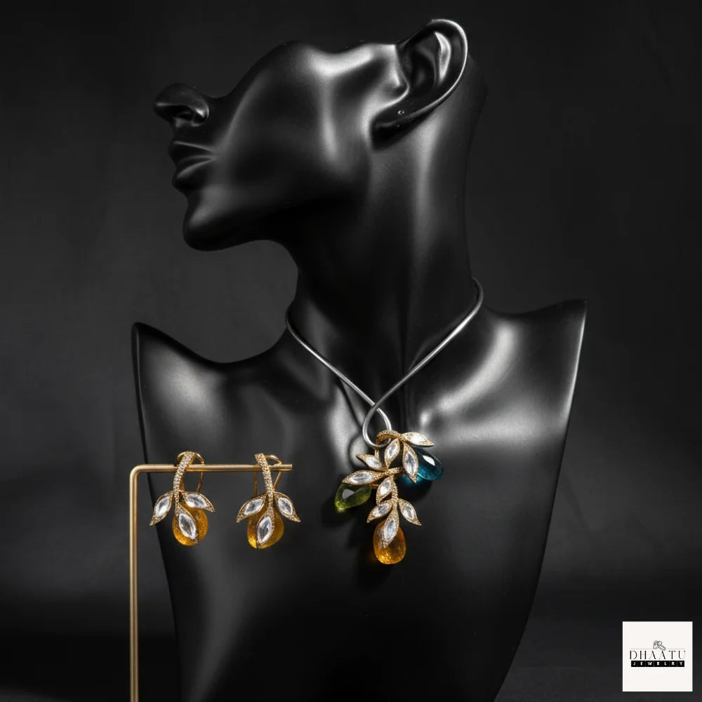 Handcrafted Kundan Leaf Motif Hasli Torque Necklace & Earring Set – 6 Colors