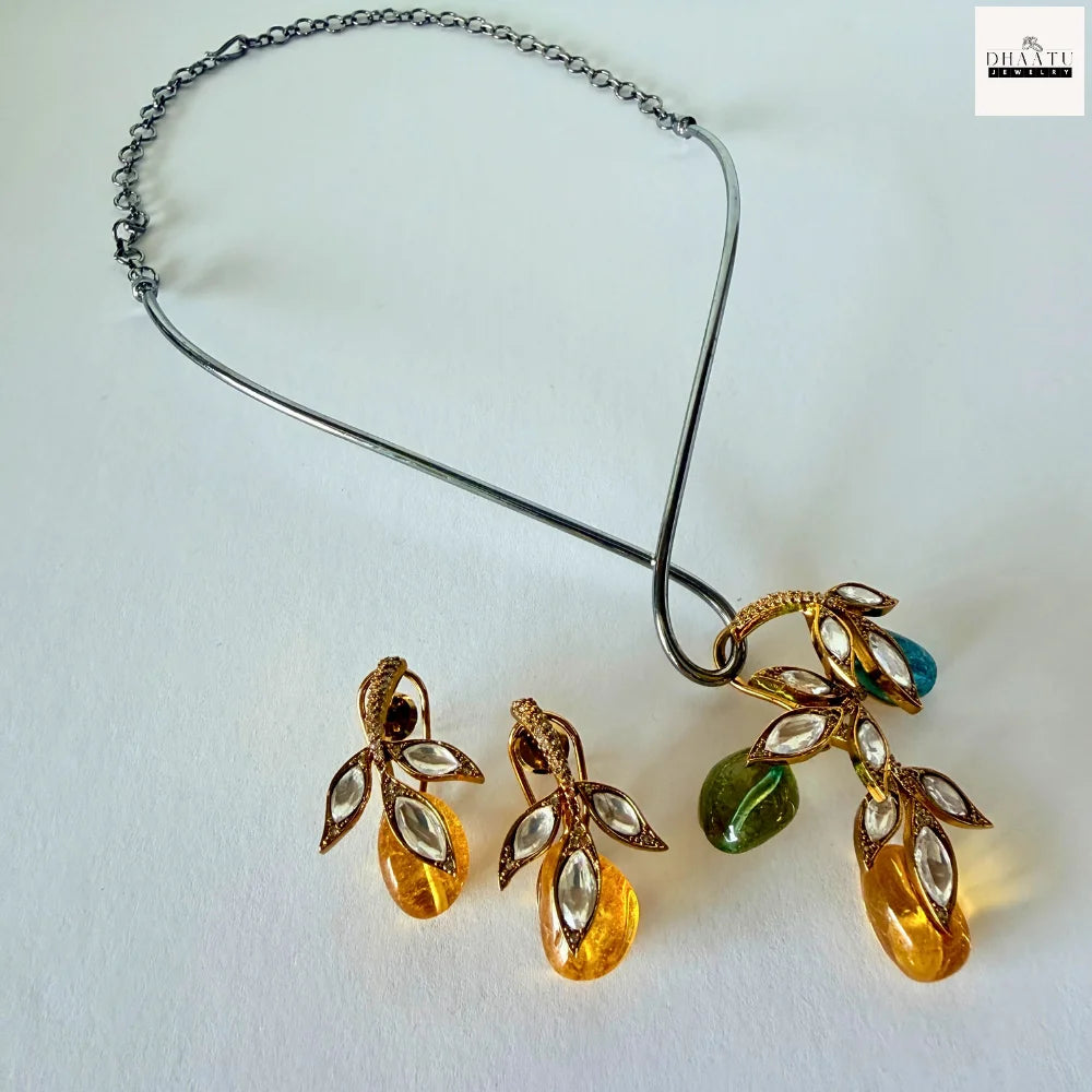 Handcrafted Kundan Leaf Motif Hasli Torque Necklace & Earring Set – 6 Colors